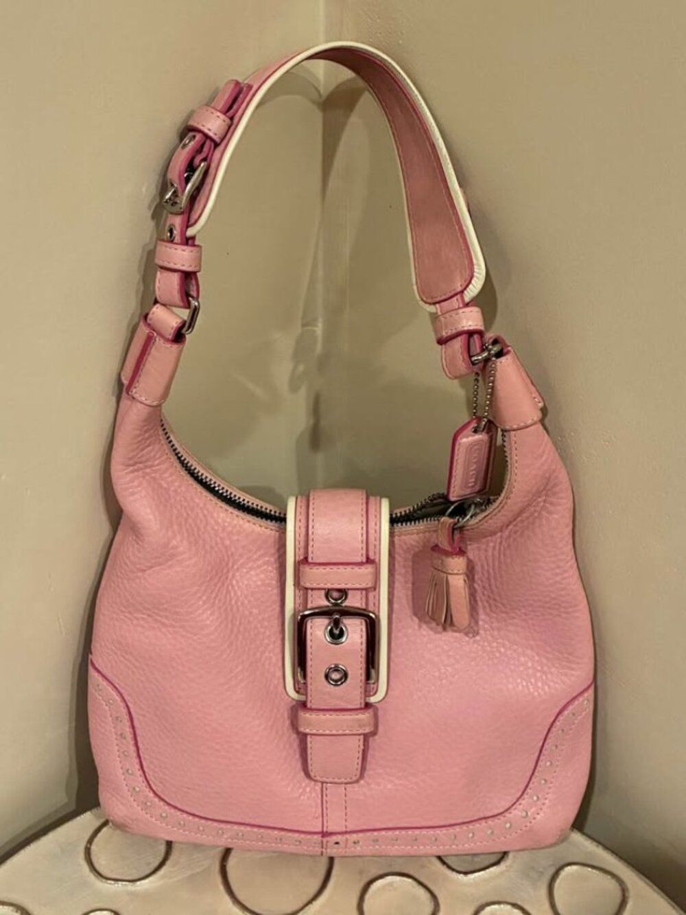 Pink Pebbled Leather Coach Hamptons Hobo Shoulder Bag - Picture 1 of 6